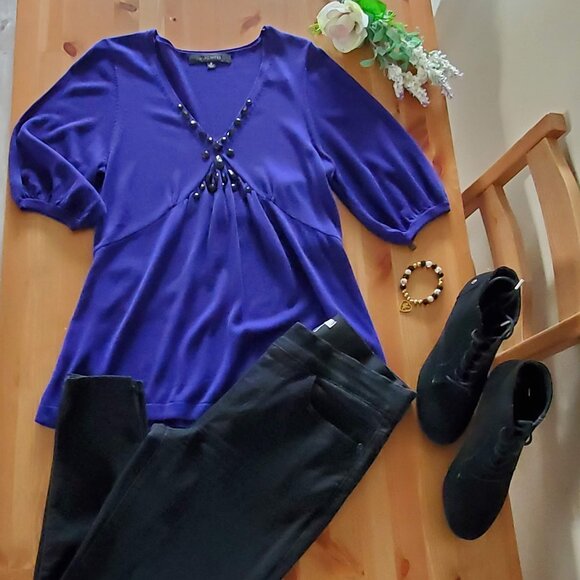 Nine West - Women's sweater top 3/4 Sleeves with jeweled Size M Amethyst - Picture 8 of 9
